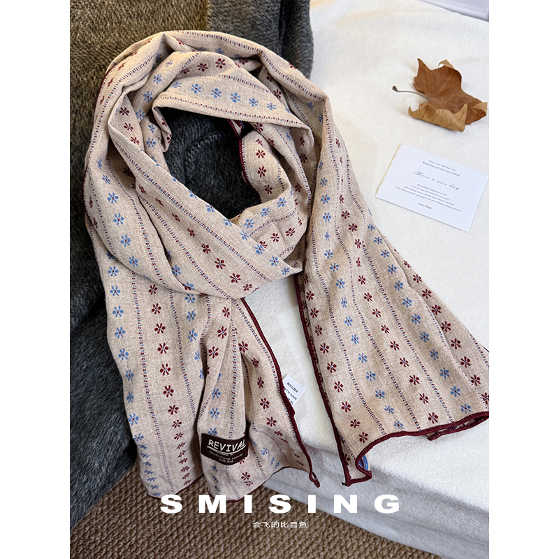 日系文艺感森系棉质碎花围巾女秋冬季时尚复古百搭气质围脖领巾潮