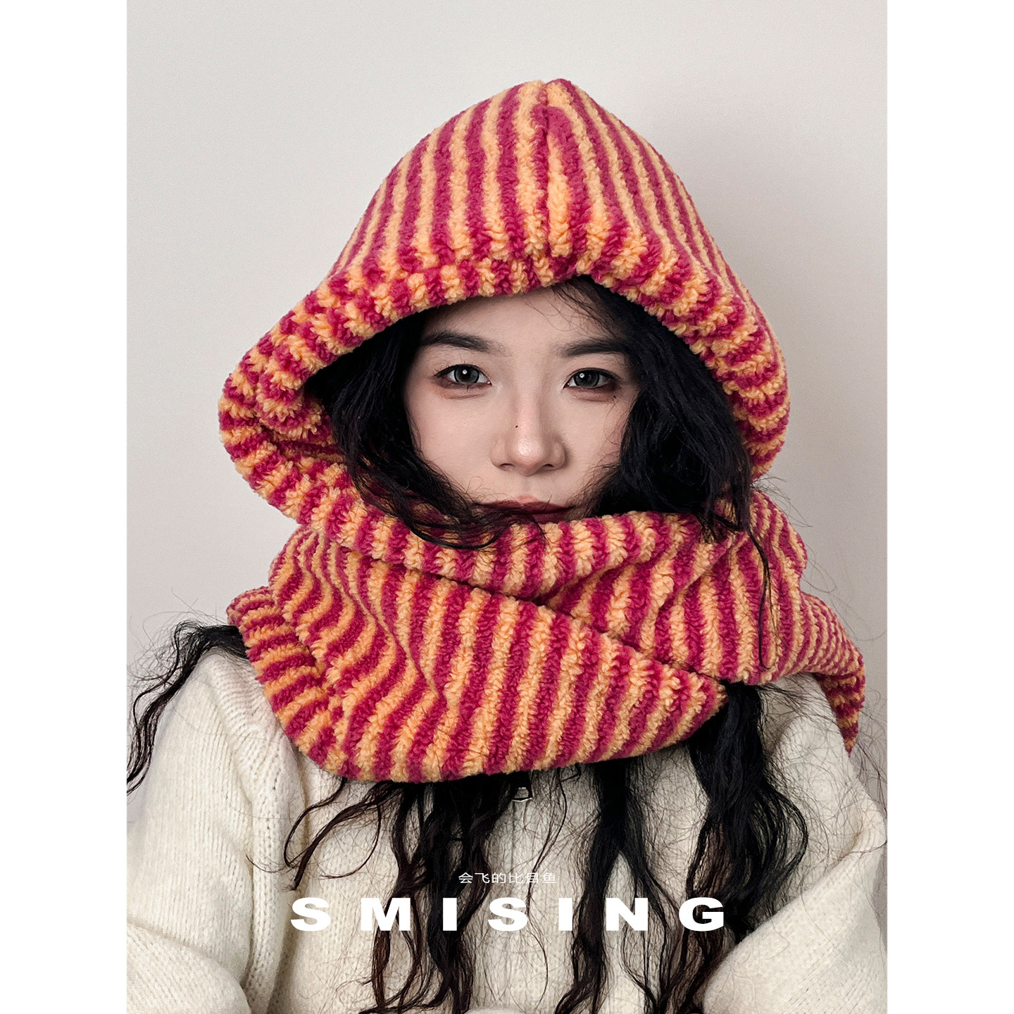 韩系小众设计感条纹帽子围巾一体女秋冬新款加厚保暖防寒护颈围脖