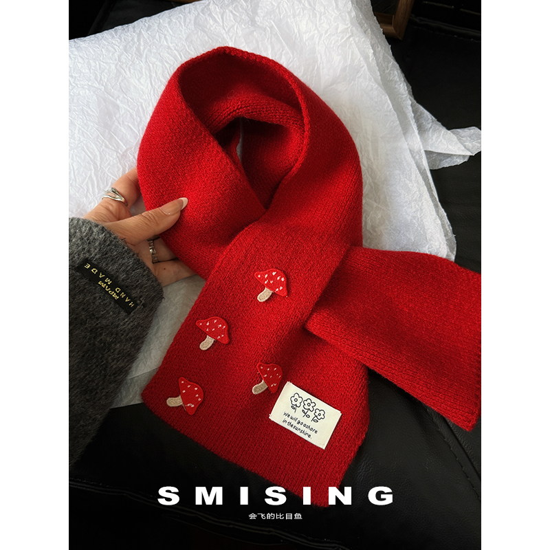 日系卡通可爱小蘑菇针织交叉围巾