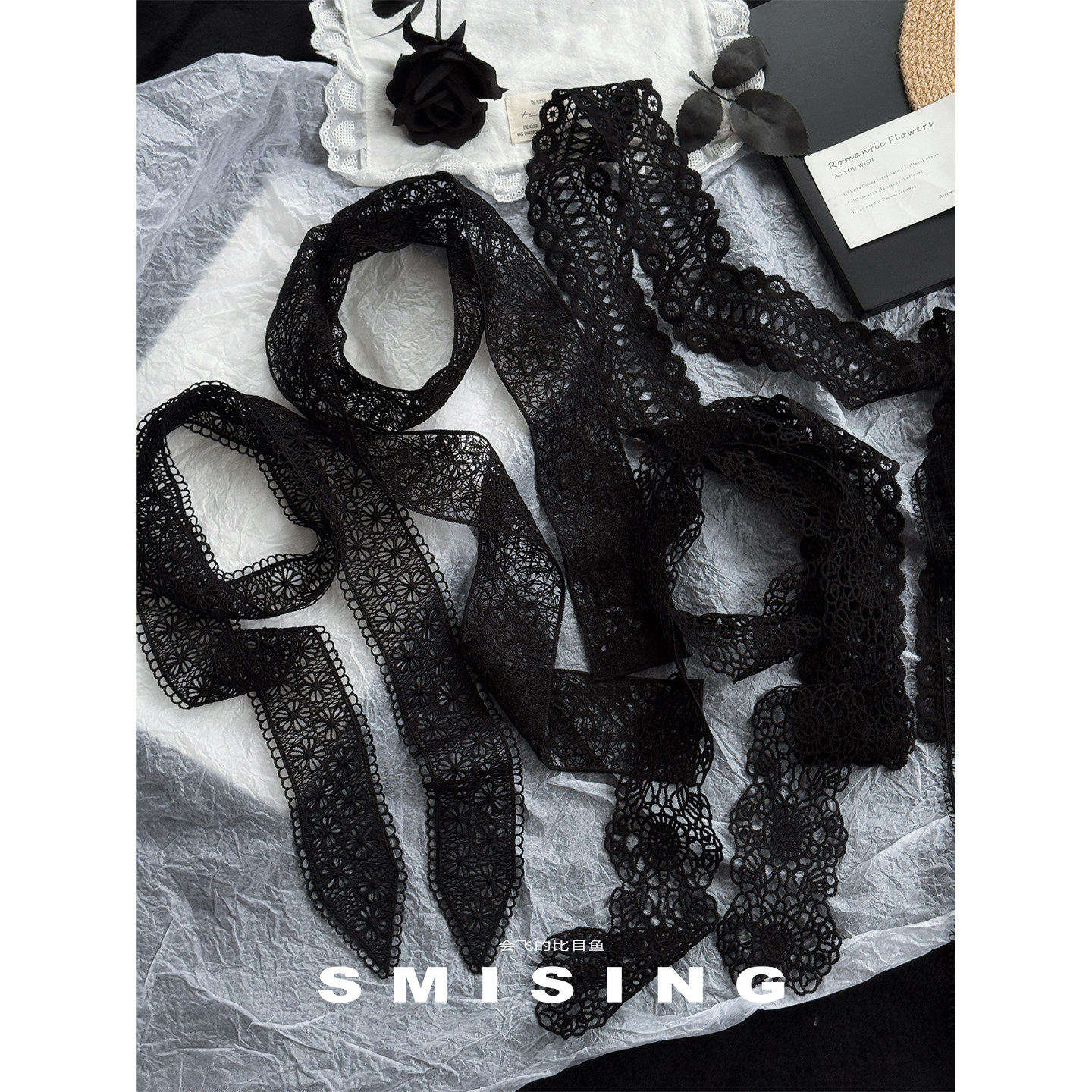 韩版黑色蕾丝细长条丝巾女春夏百搭高级感多功能装饰丝巾多用配饰