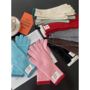 韩版贴布标针织手套女秋冬保暖露指可触屏五指手套多色户外骑行潮