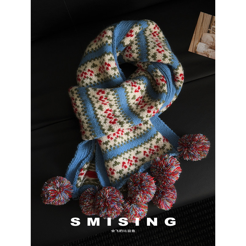 费尔岛复古红色球球提花针织围巾女秋冬季高级感保暖百搭软糯围脖