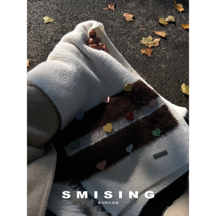 韩版 小众设计感撞色条纹爱心针织围巾女秋冬加厚保暖防寒百搭围脖