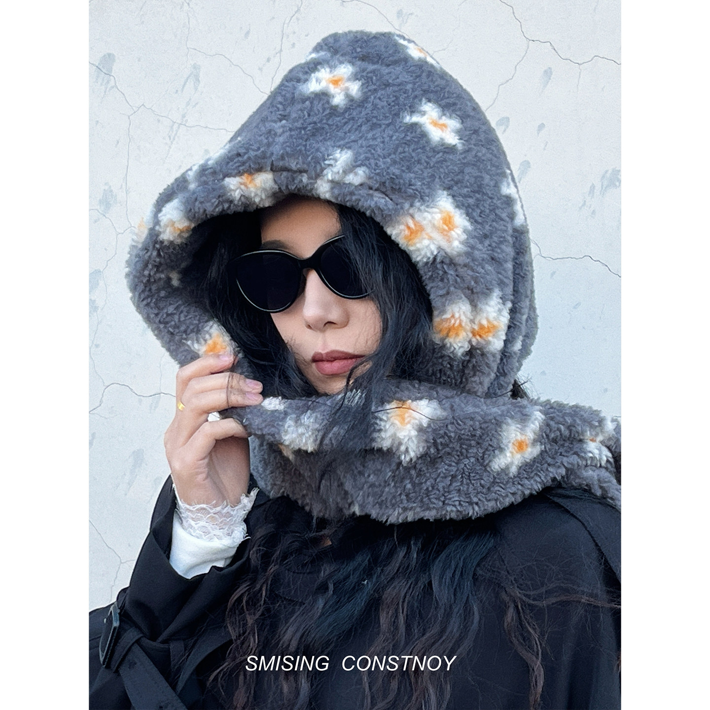 韩版小众可爱花朵印花羊羔绒毛绒帽子围巾一体秋冬保暖防寒包头帽