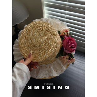 法式田园风蕾丝花朵平顶草帽女夏季海边沙滩度假遮阳高级感防晒帽