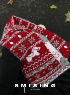 费尔岛双面复古红色小马针织围巾女秋冬2025新款加厚保暖百搭围脖