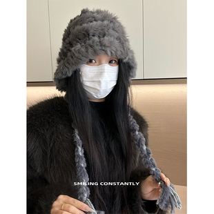 兔毛针织毛绒护耳帽子女冬季保暖百搭旅行拍照氛围感绑带套头帽潮
