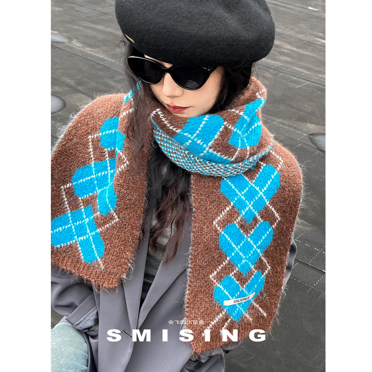 韩系菱形格纹围巾女秋冬加厚百搭氛围感护颈围脖保暖护颈学生披肩