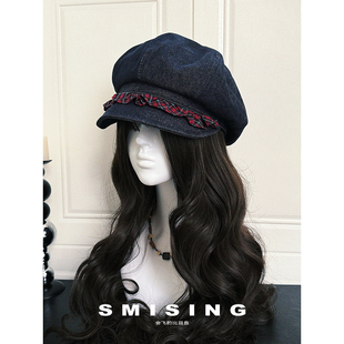 2025新款红色格子花边复古八角帽女夏季小众设计感时尚休闲贝雷帽