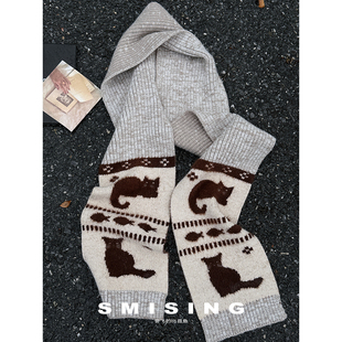 日系可爱卡通猫咪与鱼针织围巾女秋冬季 学生加厚保暖百搭防寒围脖