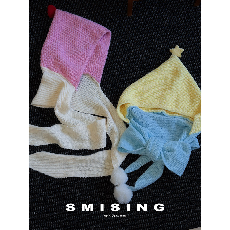韩系小清新粉米拼色均码针织帽子围巾一体女秋冬季保暖百搭针织帽,服饰配件/皮带/帽子/围巾,二件套,淘宝优惠券,粉丝福利购,淘宝优惠卷