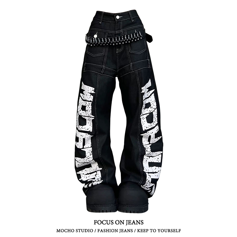 美式复古解构弯刀牛仔裤女秋冬款高街设计感宽松显瘦垂感阔腿裤子