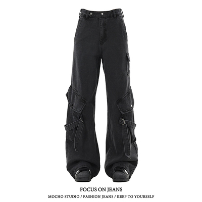 美式高街设计感工装牛仔裤女春季新款复古高腰直筒宽松垂感阔腿裤