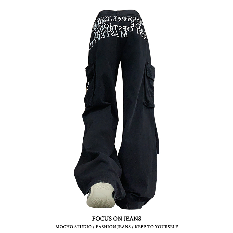 美式复古多口袋工装牛仔裤女春秋款辣妹高街设计感宽松垂感阔腿裤