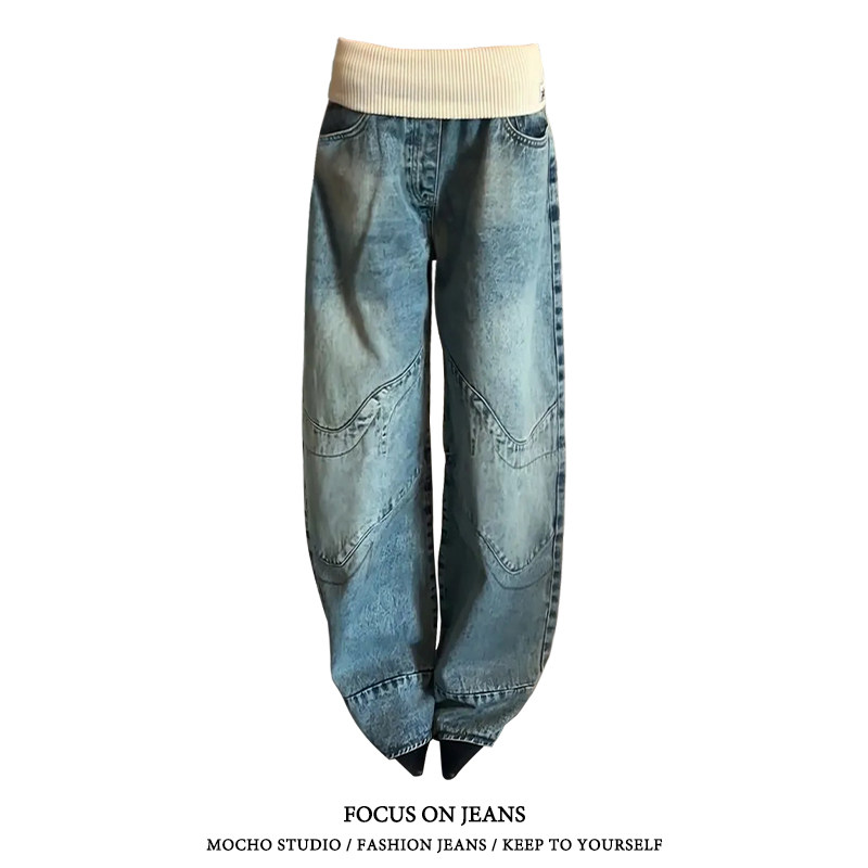 美式复古螺纹腰头直筒牛仔裤女秋冬款高街设计感宽松显瘦阔腿裤子,女装/女士精品,牛仔裤,淘宝优惠券,粉丝福利购,淘宝优惠卷