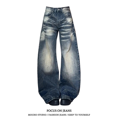 美式复古水洗竹节纹弯刀牛仔裤女秋冬款高街设计感宽松显瘦阔腿裤