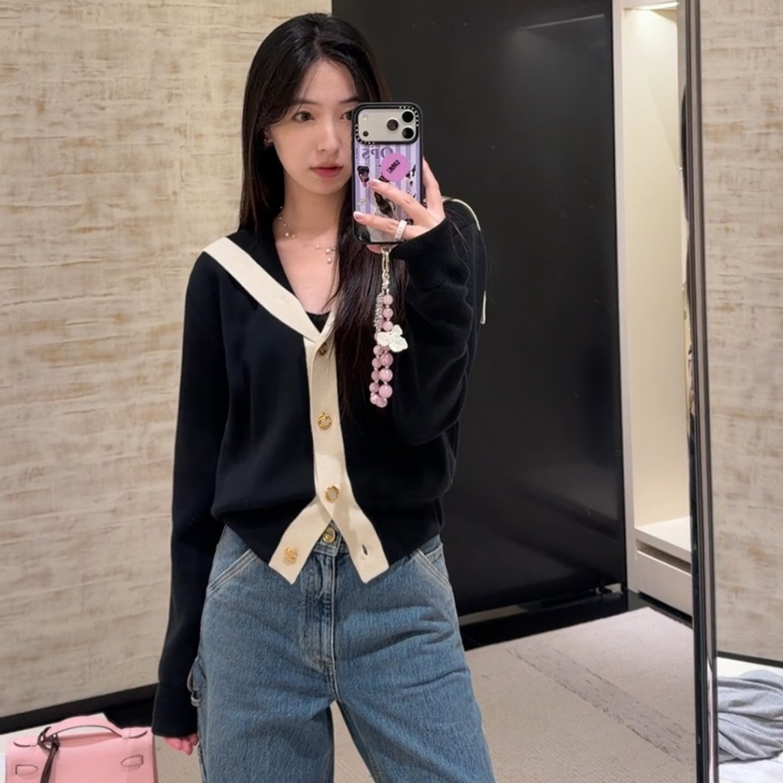 深圳南油高端女装  小香风撞色拼接金属纽扣海军领针织开衫外套女