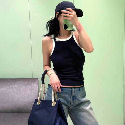 美式辣妹撞色圆领无袖背心外穿女