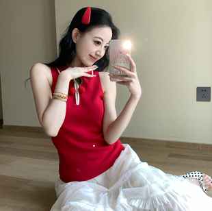 深圳南油高端女装  红色甜美樱桃半拉链polo翻领无袖针织衫上衣女