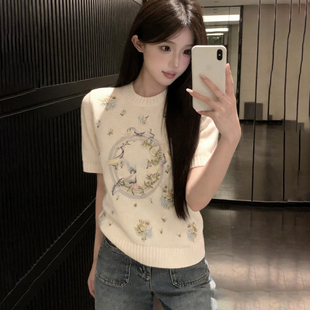 深圳南油高端女装明星同款彩色花朵字母刺绣羊毛羊绒短袖针织毛衣