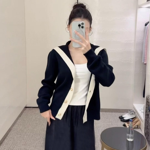 小香风撞色拼接海军领针织开衫女