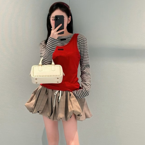 复古撞色条纹长袖T恤背心套装女