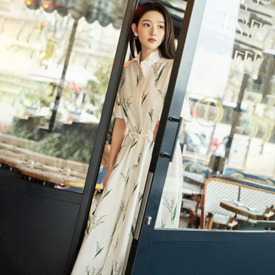 气质小翻领铃兰花蝴蝶结连衣裙女