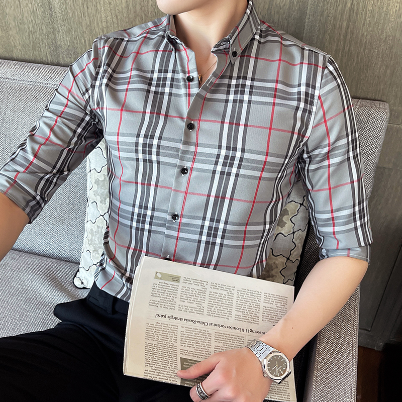 2024新款格子衬衫男夏季七分袖韩版修身中袖衬衣潮1301-CS127-P30，男装衬衫，星座1301