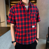 男士港风格子衬衫短袖夏季薄款青少年帅气百搭衬衣1301-CS111-P26，男装衬衫，星座1301