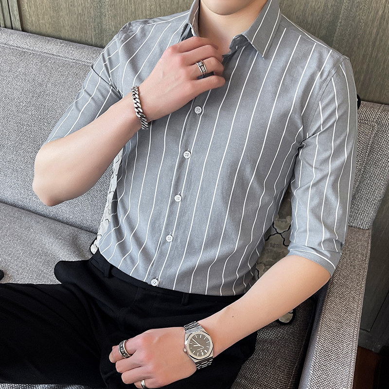 条纹衬衫男七分袖韩版修身衬衣青年中袖寸衫潮1301-CS130-P28,男装衬衫,星座1301