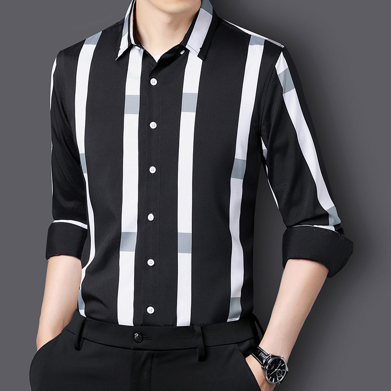 2024新款男士条纹衬衫长袖韩版弹力修身帅气男衬衣1301-CS165-P28，男装衬衫，星座1301