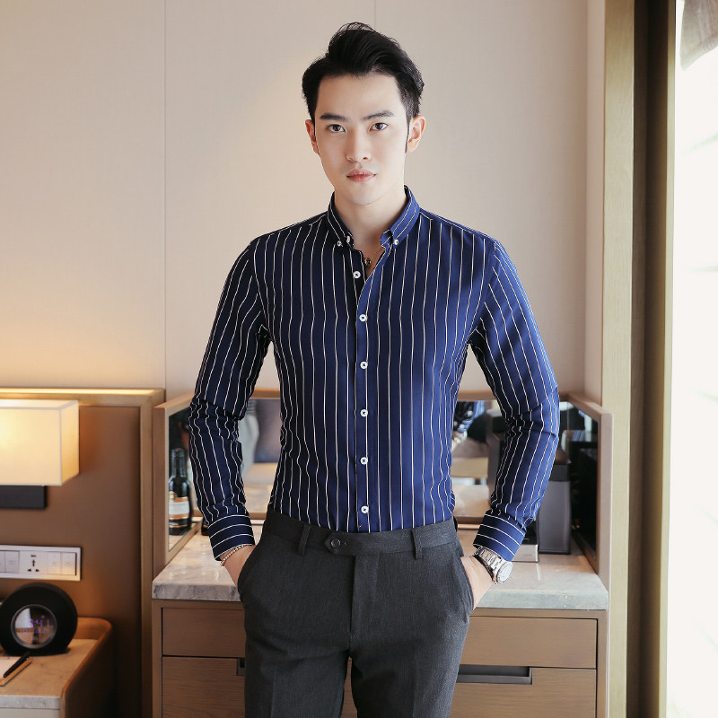 男士条纹衬衫长袖韩版修身商务休闲青年帅气衬衣潮1301-CS60-P20,男装衬衫,星座1301