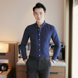 男士条纹衬衫长袖韩版修身商务休闲青年帅气衬衣潮 1301-CS60-P20图片