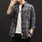 2023新款七分袖格子衬衫男士韩版修身青年帅气衬衣1301-CS106-P30，男装衬衫，星座1301
