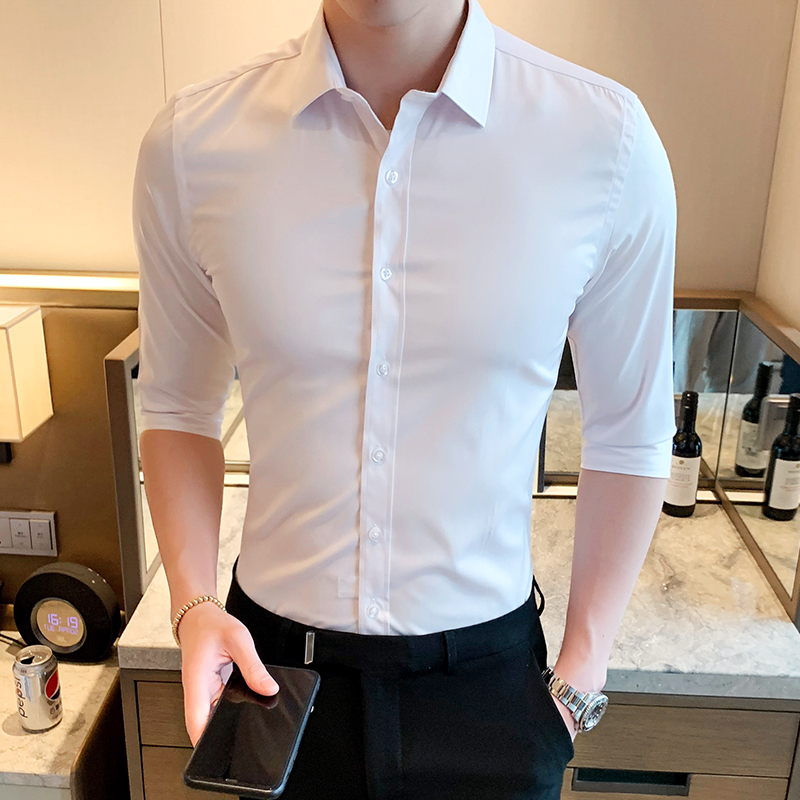 夏季男士商务休闲衬衫七分袖弹力修身衬衣帅气寸衫1301-CS90-P27，男装衬衫，星座1301