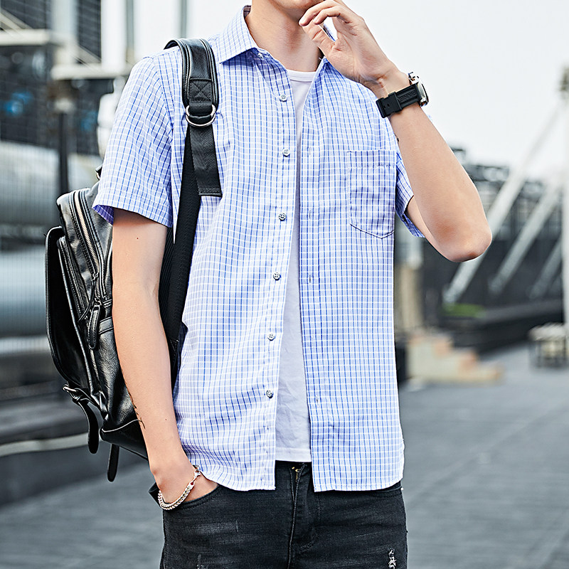 夏季格子衬衫男短袖薄款商务休闲衬衣帅气百搭寸衫潮1301-D88-P30,男装衬衫,星座1301