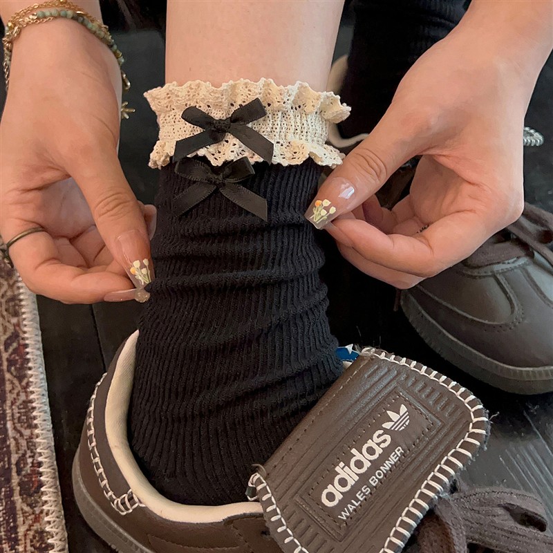 蕾丝花边袜子女款中筒秋冬季纯棉蝴蝶结堆堆袜芭蕾风长筒配小皮鞋