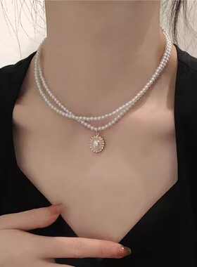 法式双层复古仿珍珠项链女冷淡风锁骨链女高级感轻奢小众义乌饰品