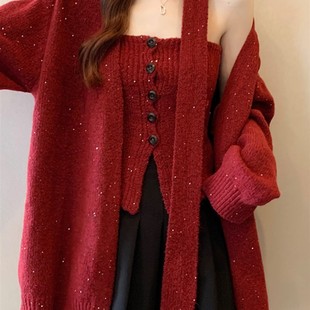 亮闪闪飘带挂脖红色毛衣外套女冬大码胖mm吊带背心针织开衫两件套