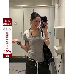 夏显瘦百搭修身 F383 短袖 复古U型领印花设计基础款 上衣女ins 美式