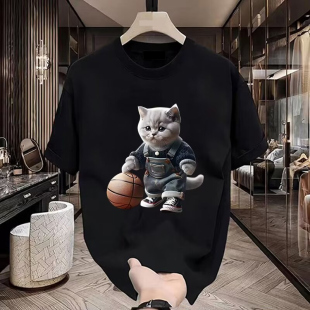 2026新款夏季短袖t恤男潮牌纯棉半截袖体恤衫卡通猫咪印花上衣服