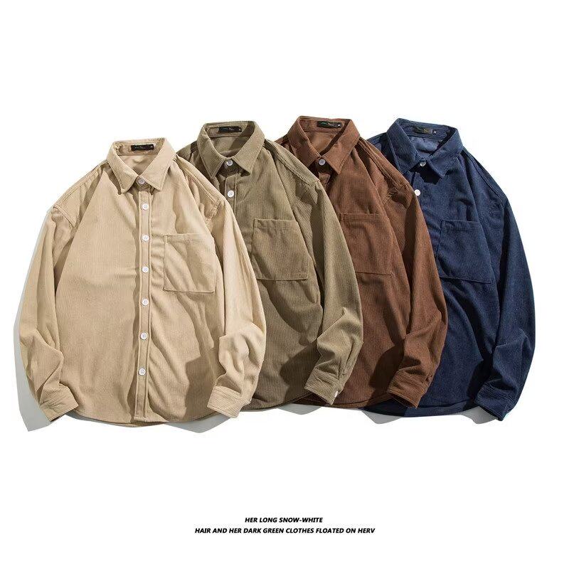 春秋季新款工装长袖衬衫男士潮牌纯色宽松日系复古休闲上衣服外套