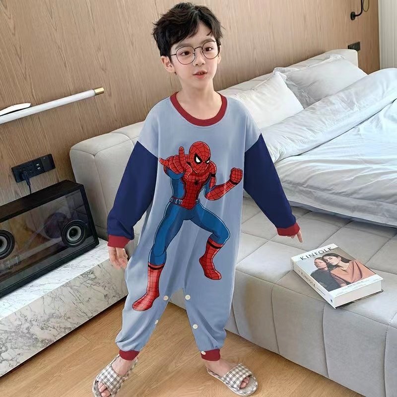儿童连体睡衣男童春秋季长袖蜘蛛侠家居服防踢连身衣中大童空调服