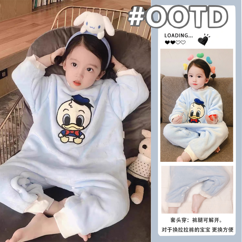 法兰绒套头睡衣男女宝宝珊瑚绒加厚防踢开秋冬睡袋婴幼儿童连体衣