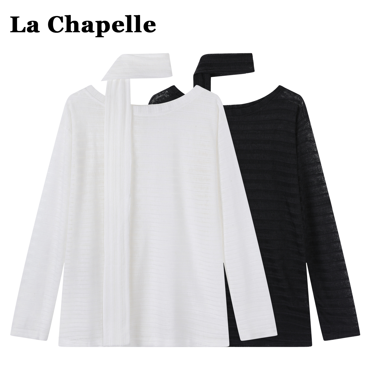 拉夏贝尔白色宽松长袖T恤女2025夏季薄款镂空针织防晒罩衫+围巾