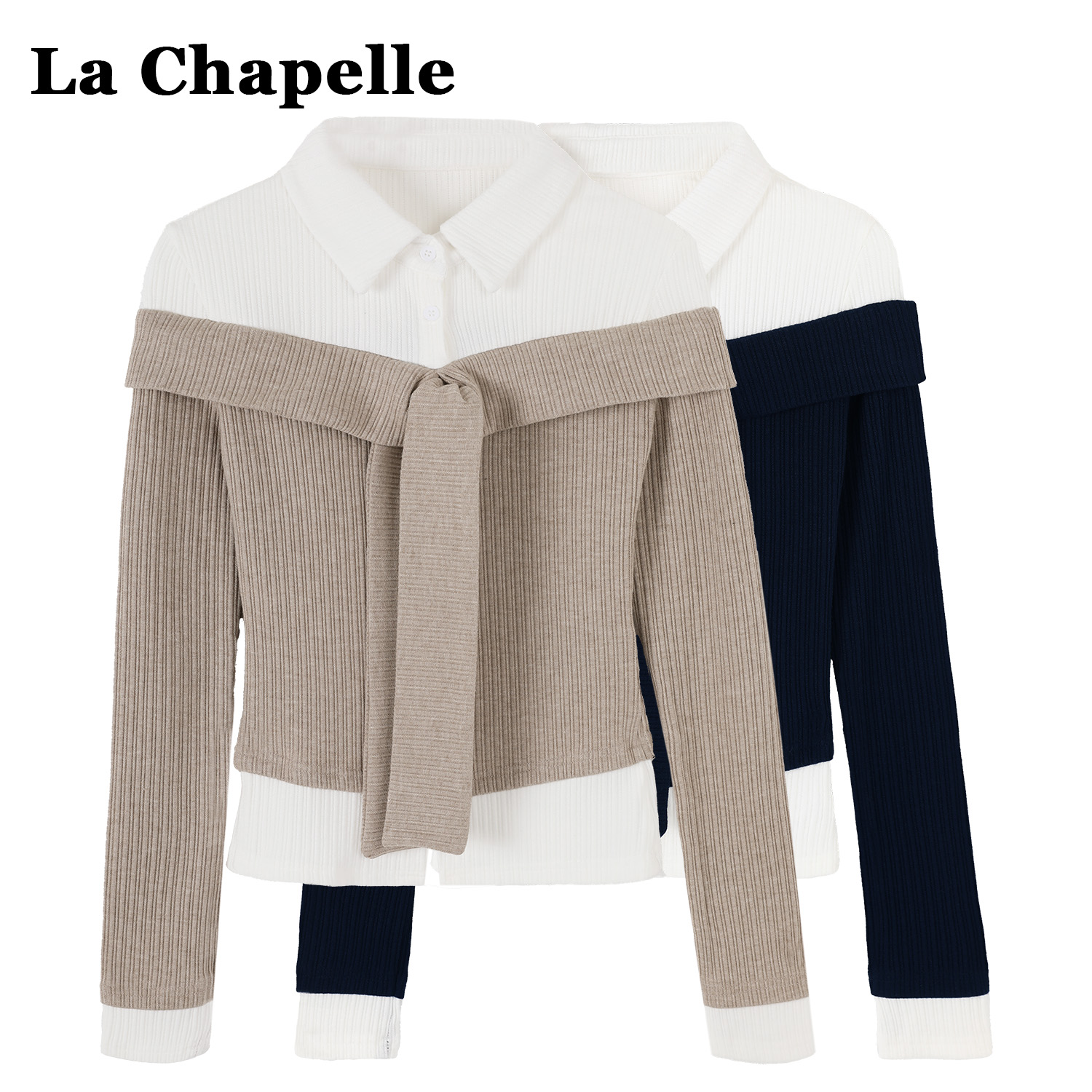 拉夏贝尔韩系学院风系带披肩一字肩针织衫夏季新款叠穿上衣两件套