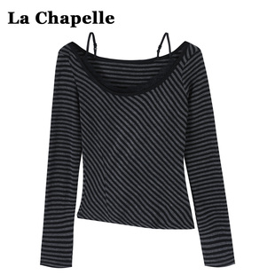 假两件显瘦百搭上衣 新款 拉夏贝尔韩系条纹蕾丝边长袖 T恤女秋冬季