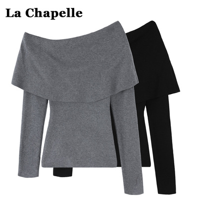 拉夏贝尔一字肩披肩长袖T恤上衣