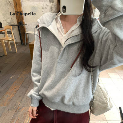 拉夏贝尔慵懒风加绒灰色连帽卫衣