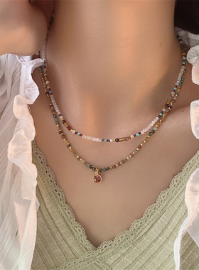 精致红色锆石方糖项链女 复古石锁骨链 高级感颈链毛衣链配饰